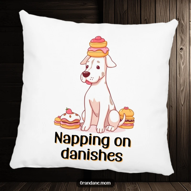 Funny Grand Dane pillow with a graceful dog balancing a stack of delicate pastries on its head, cozy and decorative.