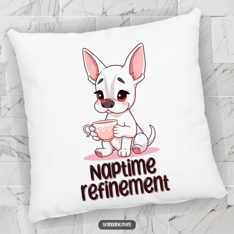 Funny Grand Dane Pillow featuring a lovable dog with a delicate teacup, offering comfort and a touch of humor.