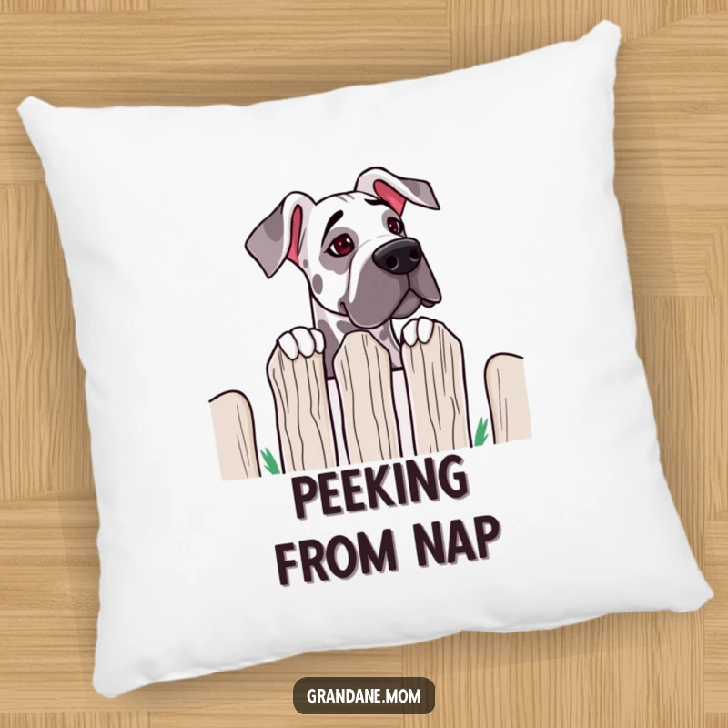 Funny Grand Dane Fence Peek Pillow: a soft cushion featuring a big dog peeking over a fence; humorous and comforting decor.