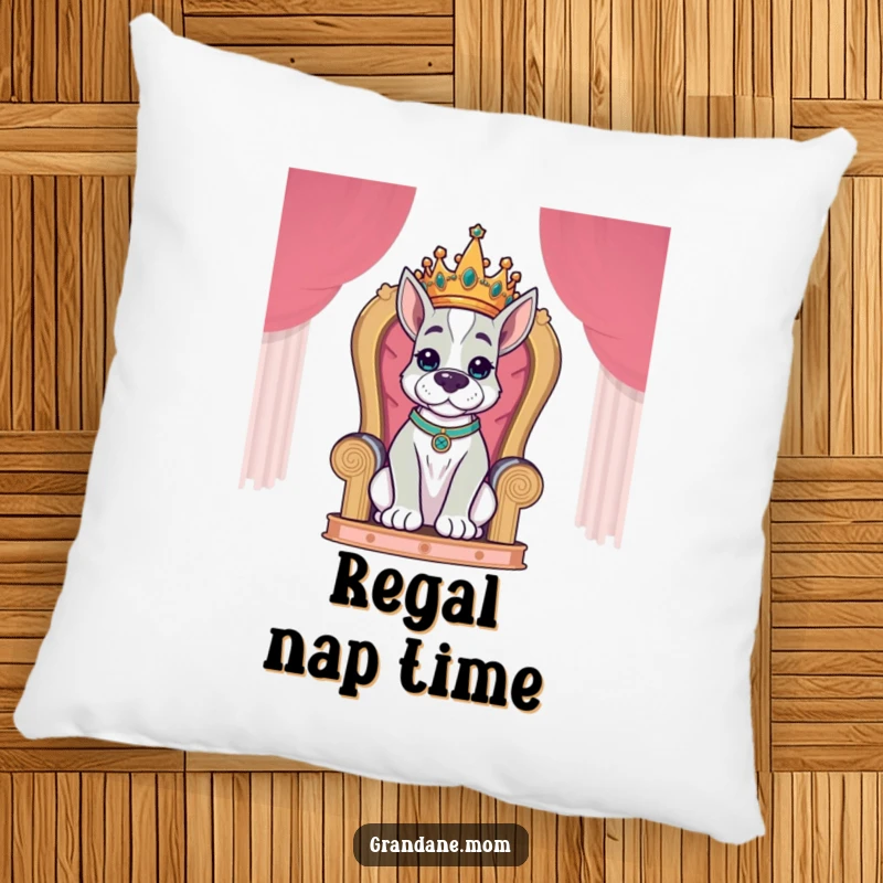 Funny Grand Dane King Pillow of a regal Grand Dane dog wearing a crown and seated majestically on a throne.