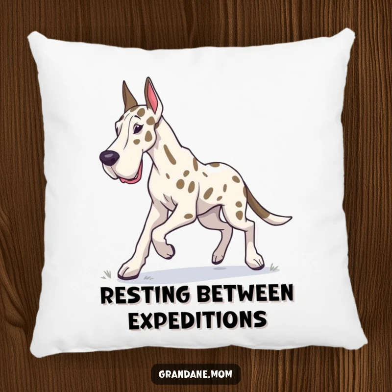 Funny Grand Dane pillow with a plush design of a dog in a determined trot, ready for exploration.