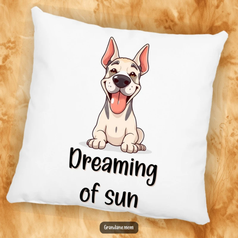 Funny Grand Dane pillow with a happy, panting dog enjoying the sun, perfect for adding comfort and cheer.