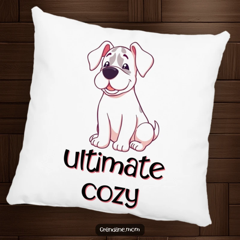 Funny pillow featuring a Grand Dane with a sweet expression, happily curled up, designed for ultimate comfort.