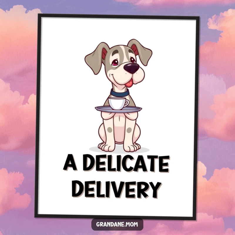 Funny Grand Dane server digital art print of a large dog carefully balancing a small tray with a single cup, highlighting humor.