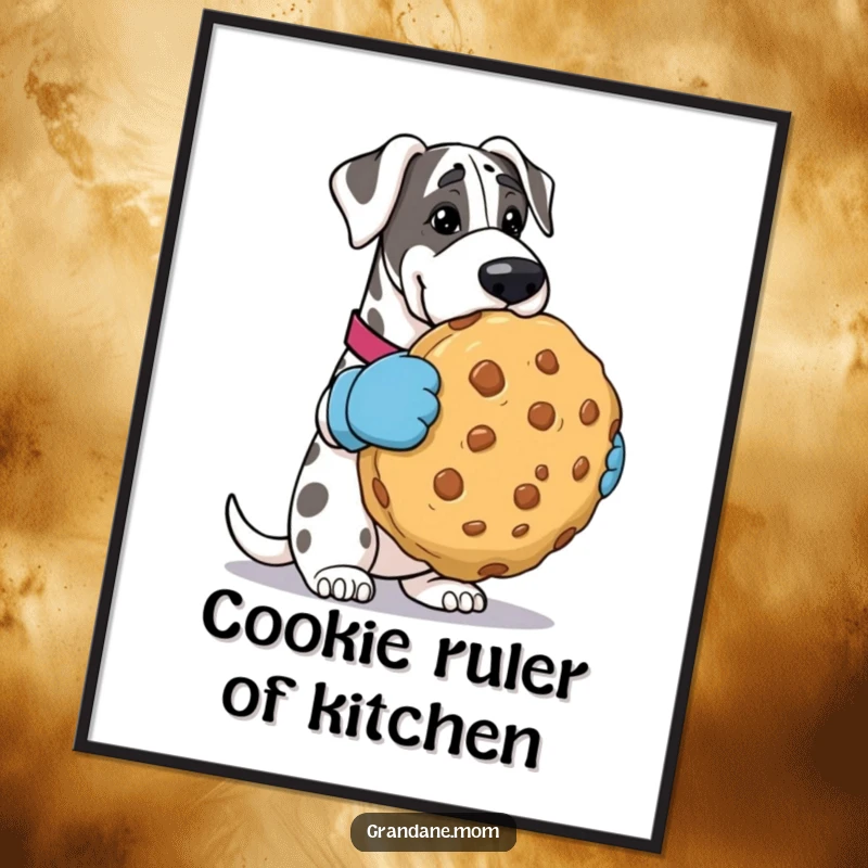 Funny Grand Dane digital art, a whimsical illustration of the dog in oven mitts with a massive cookie, ready to print and frame. Perfect funny gift.