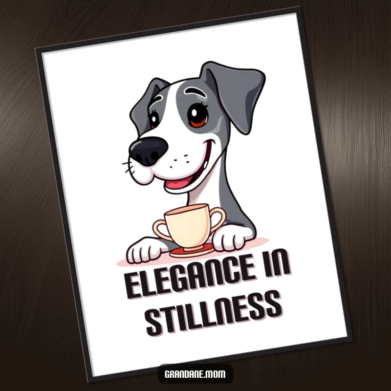 Funny Digital Art Print of a Great Dane balancing a teacup on its nose, a whimsical and charming piece.