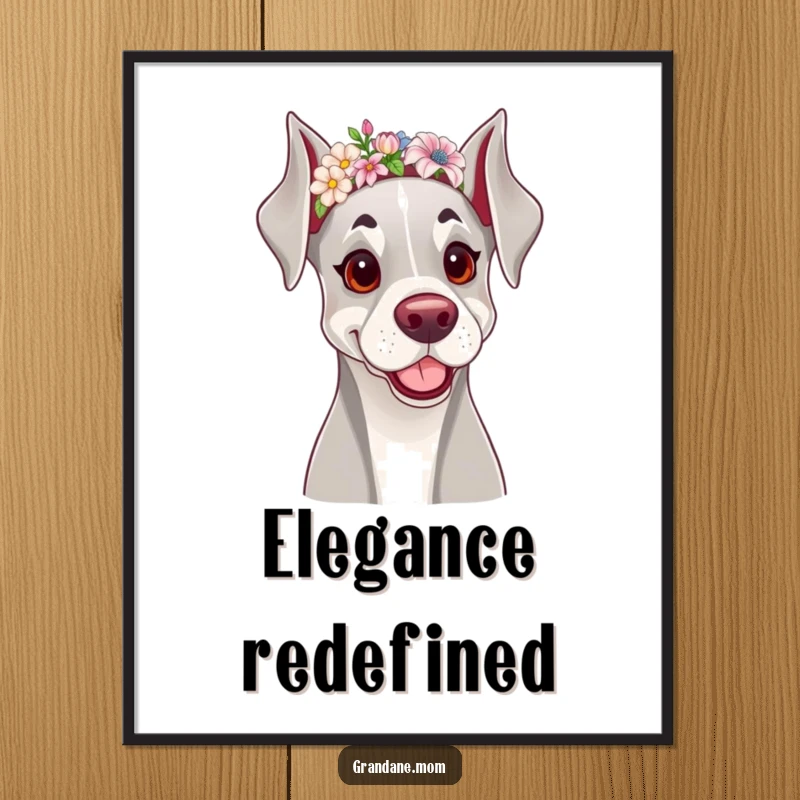 Funny digital art print of a cheerful Grand Dane dog wearing a dainty floral headband, perfect for instant decor.