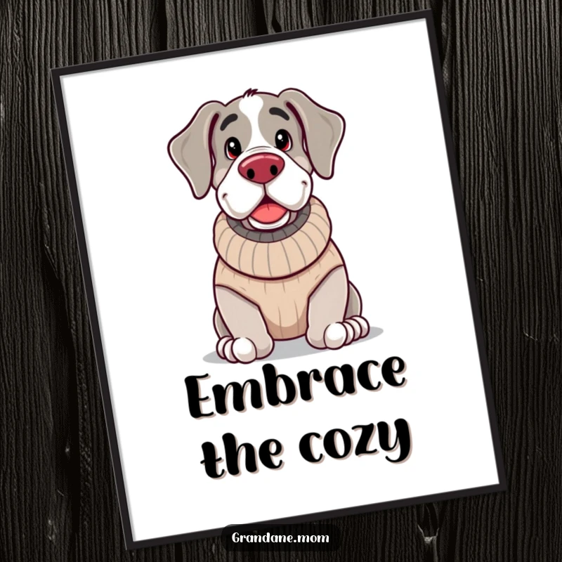 Funny, jolly Grand Dane wearing a knitted sweater and looking cozy, ready to be printed and add warmth to your decor.