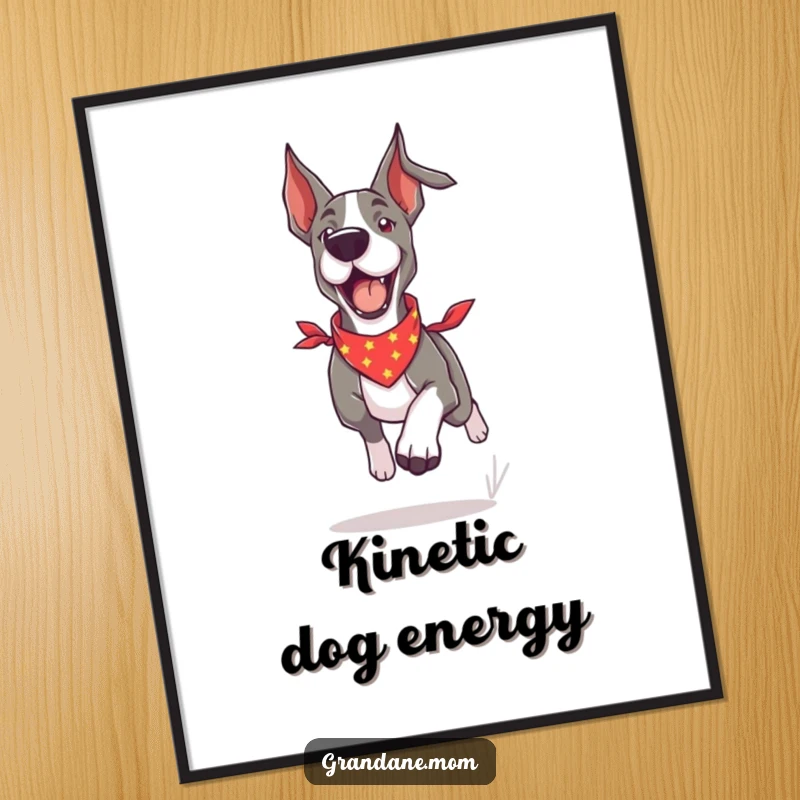 Funny Grand Dane digital art print of a dog in a bandana running with extreme energy and a joyful, playful spirit.
