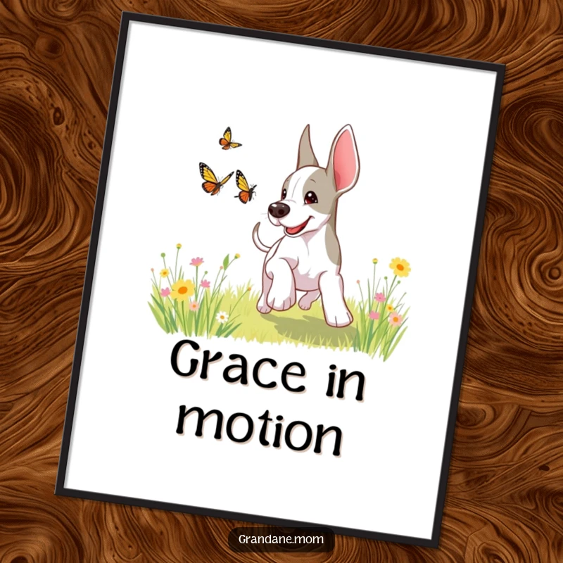 Funny, playful Grand Dane chasing a butterfly in a sunny meadow, ready to be printed and brighten your walls.