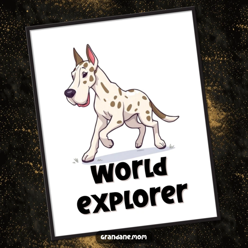 Funny Grand Dane digital art print of a dog in a determined trot, exploring its surroundings with purpose.