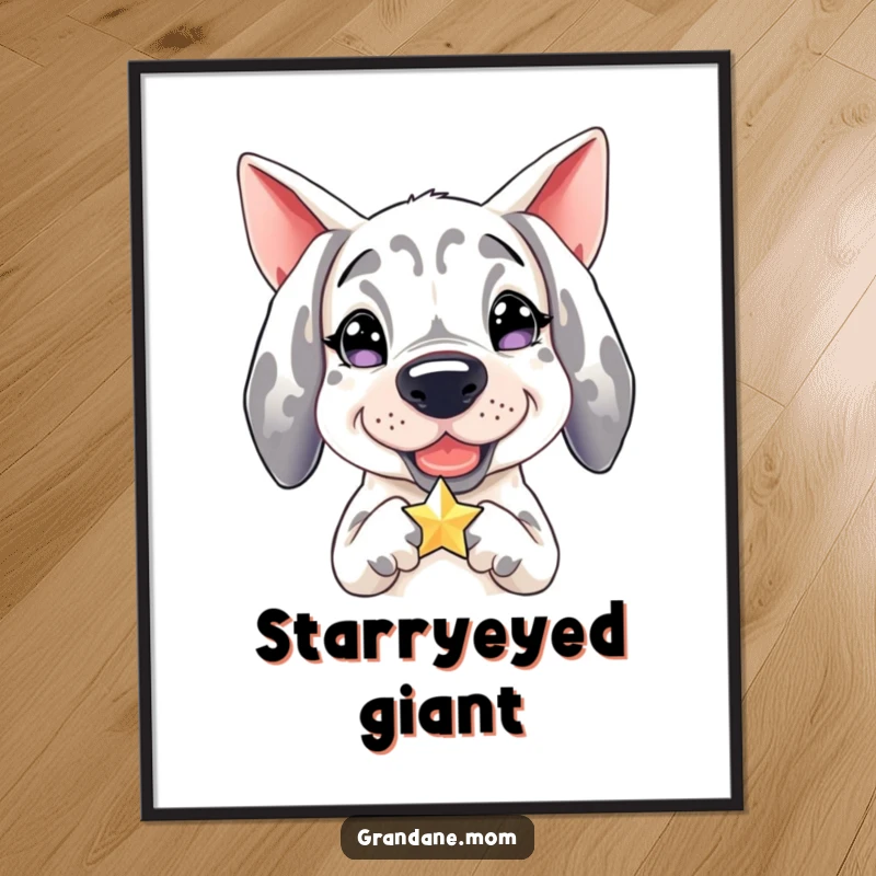 Funny Grand Dane digital art, printable of a happy dog holding a small, shimmering star, celestial canine joy.
