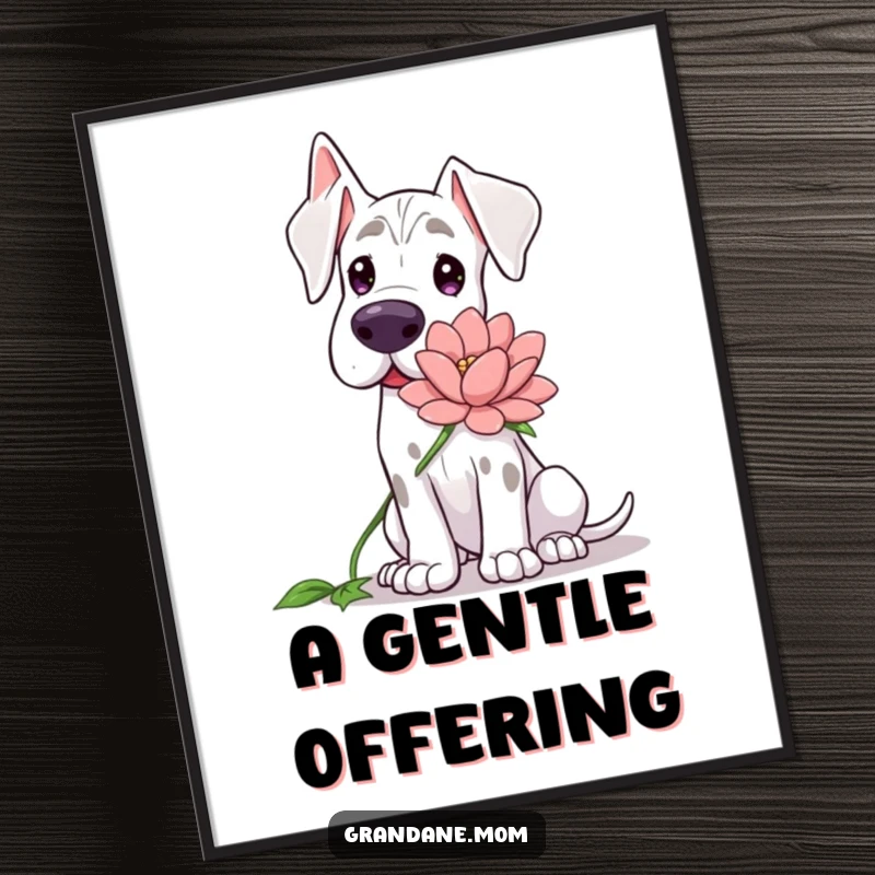 Funny Grand Dane digital art print, showing a gentle dog offering a large flower with a kind demeanor.