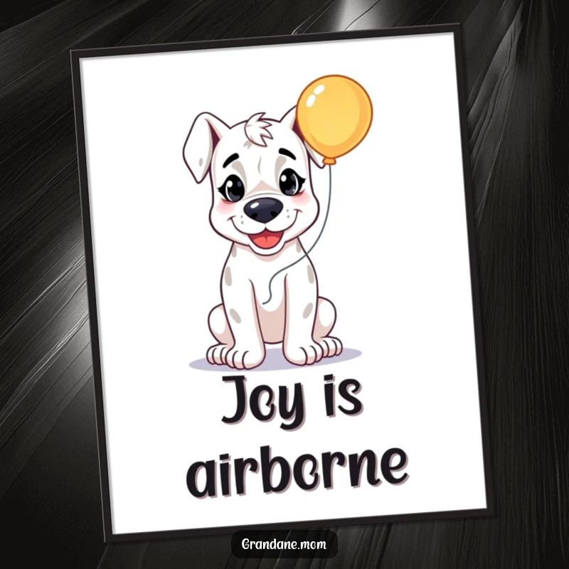 Funny Grand Dane Joy Art Print, a happy dog holding a bright balloon, radiating cheerfulness, a humorous digital art gift.