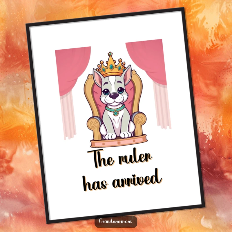 Funny Grand Dane King Digital Art Print of a crowned Grand Dane dog sitting regally on a throne, exuding authority.