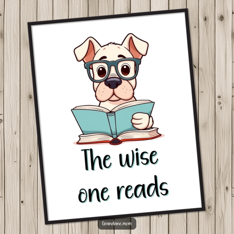 Funny Grand Dane Reader Digital Art Print of an intelligent Grand Dane dog wearing reading glasses, studying a book.