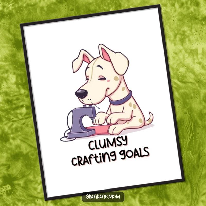 Funny Grand Dane comically attempting to sew a minuscule button with oversized needles, offered as a downloadable digital art print.