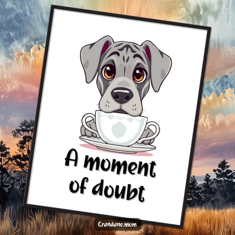 Funny Grand Dane digital art print, showing a dog with large, questioning eyes peering over a teacup.