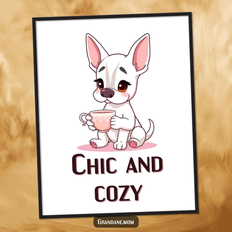 Funny Grand Dane Digital Art Print of a gentle giant holding a teacup, offering elegant and humorous wall decor.