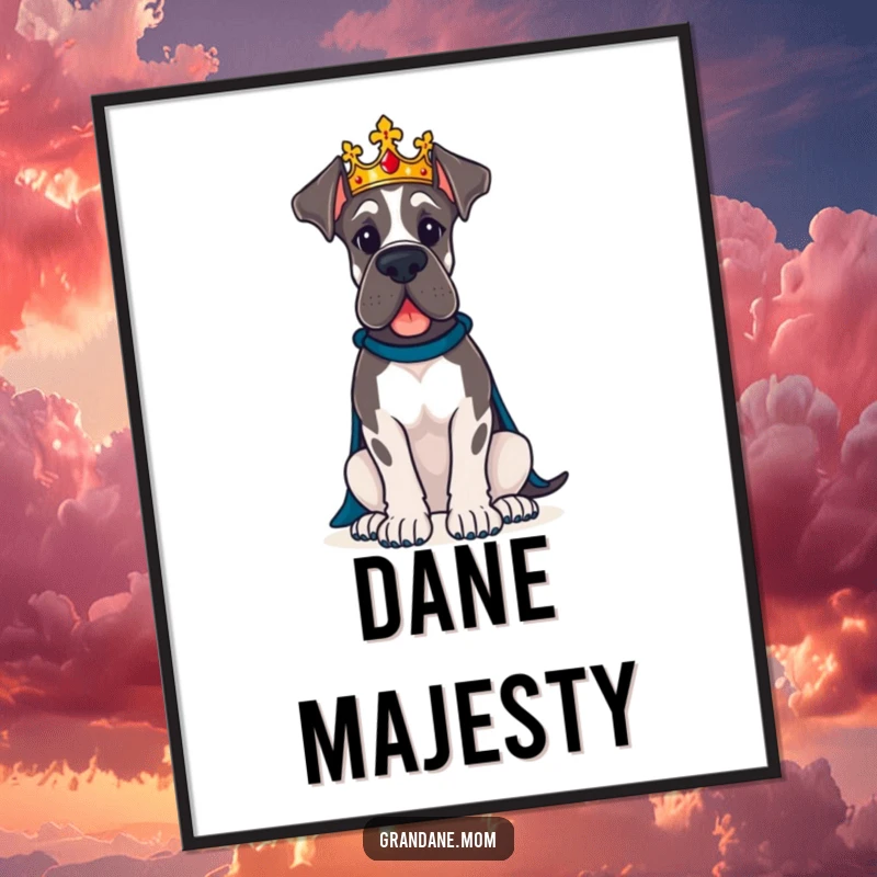 Funny Great Dane dog wearing a regal crown sits proudly, a humorous digital art print.
