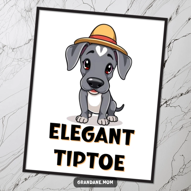 Funny Kawaii Great Dane digital art print: an adorable dog in an elegant hat is tiptoeing cautiously, celebrating cute stealth and digital elegance.