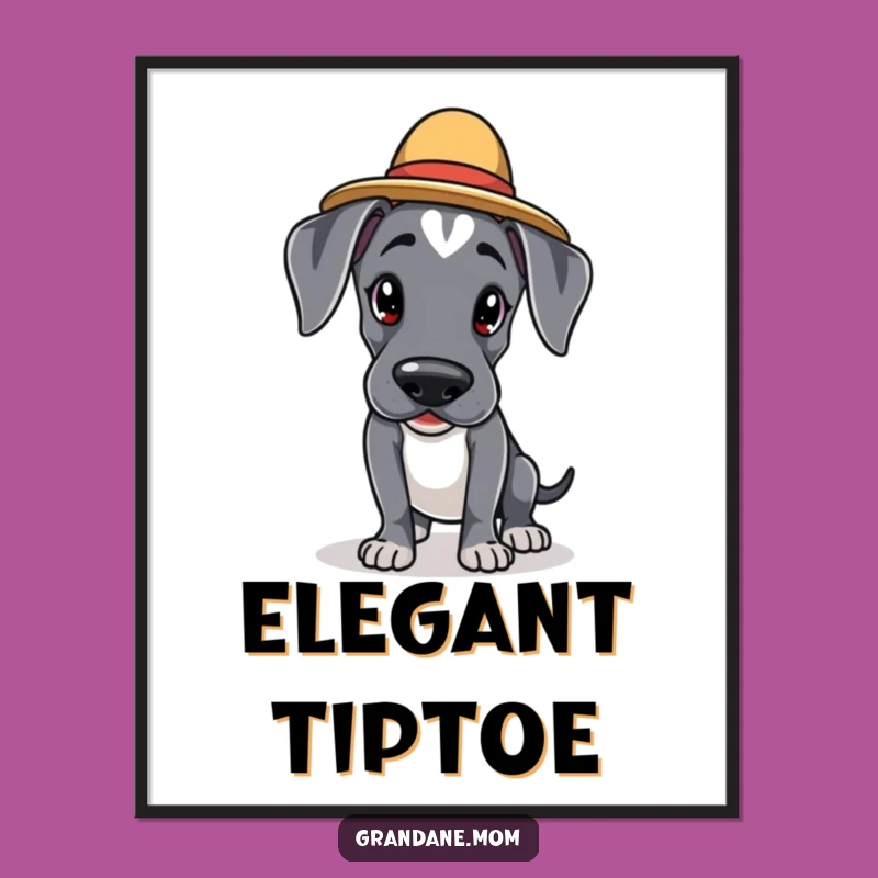 Funny Kawaii Great Dane Print: Elegant Hatted Dog Tiptoes, Instant Funny Gift