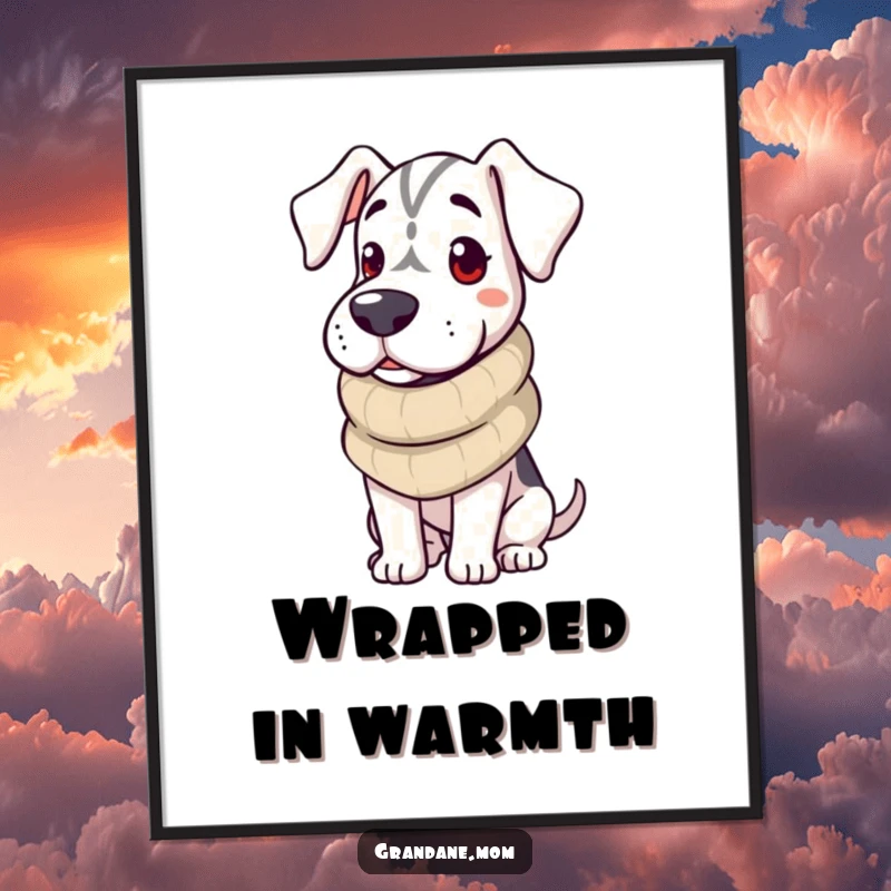 Funny Grand Dane Digital Art Print of a dog wearing a cozy scarf, radiating warmth and perfect for cozy decor.