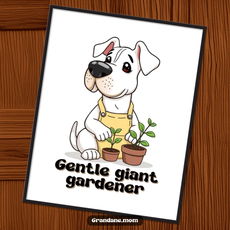 Funny Grand Dane in a gardening apron, gently nurturing a tiny sprout, offered as a downloadable digital art print.