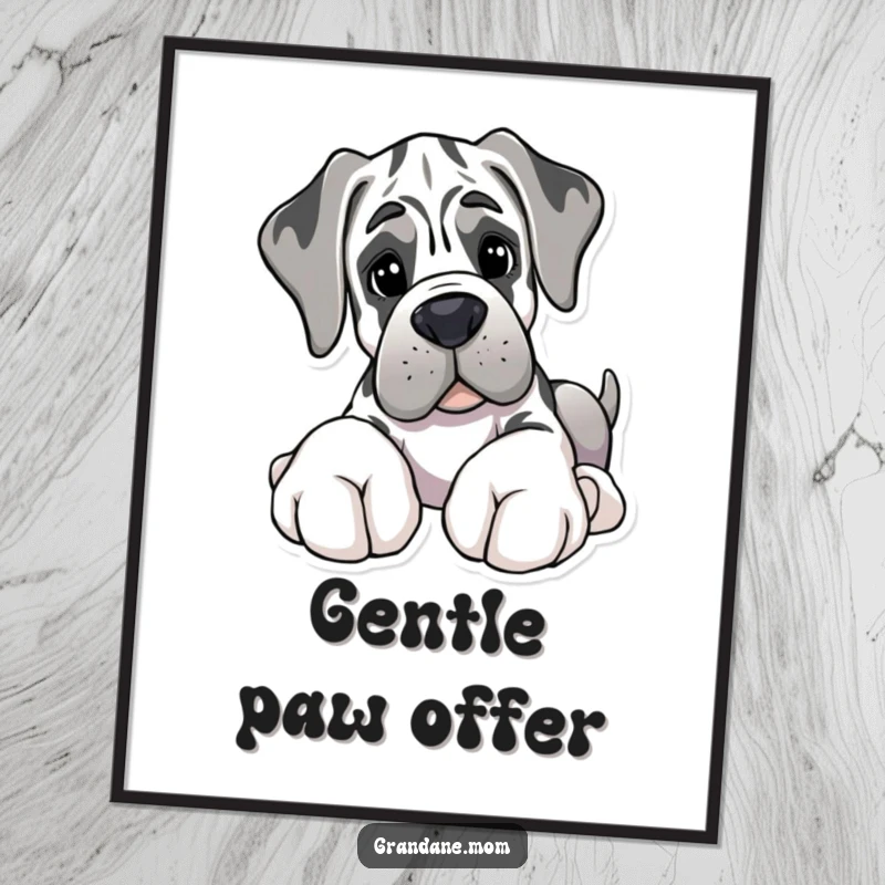 Funny digital art print of a Grand Dane with giant paws gently offering a soft toy, embodying gentle giant charm.