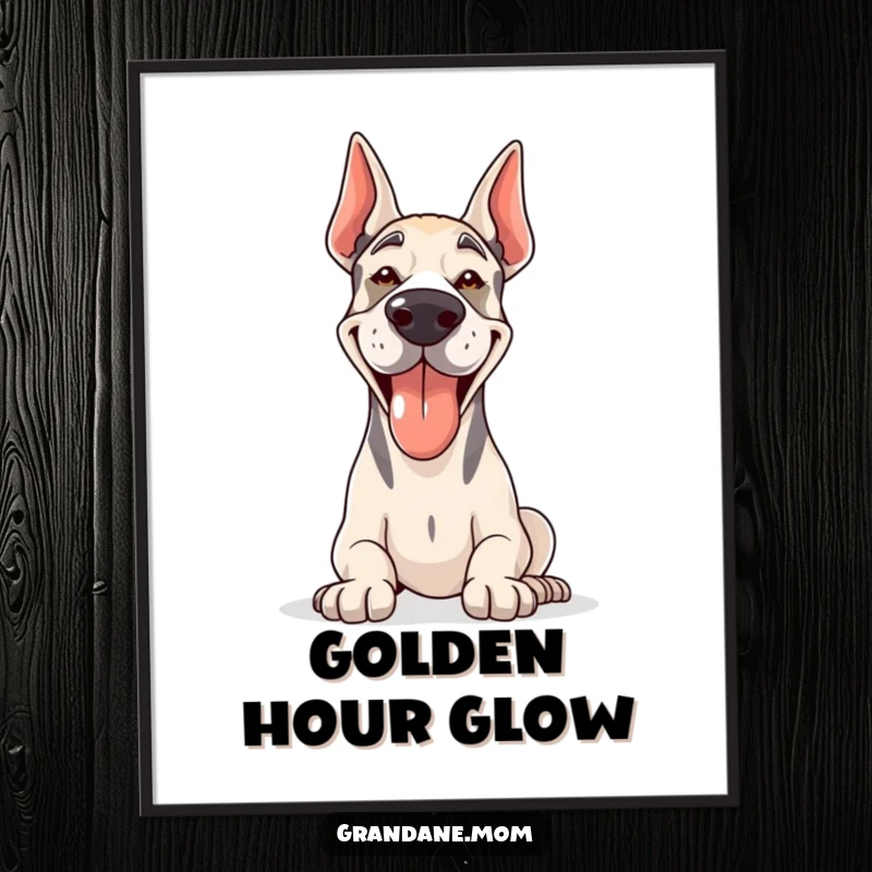 Funny Grand Dane digital art print of a happy, panting dog enjoying the sun, great for instant decor.