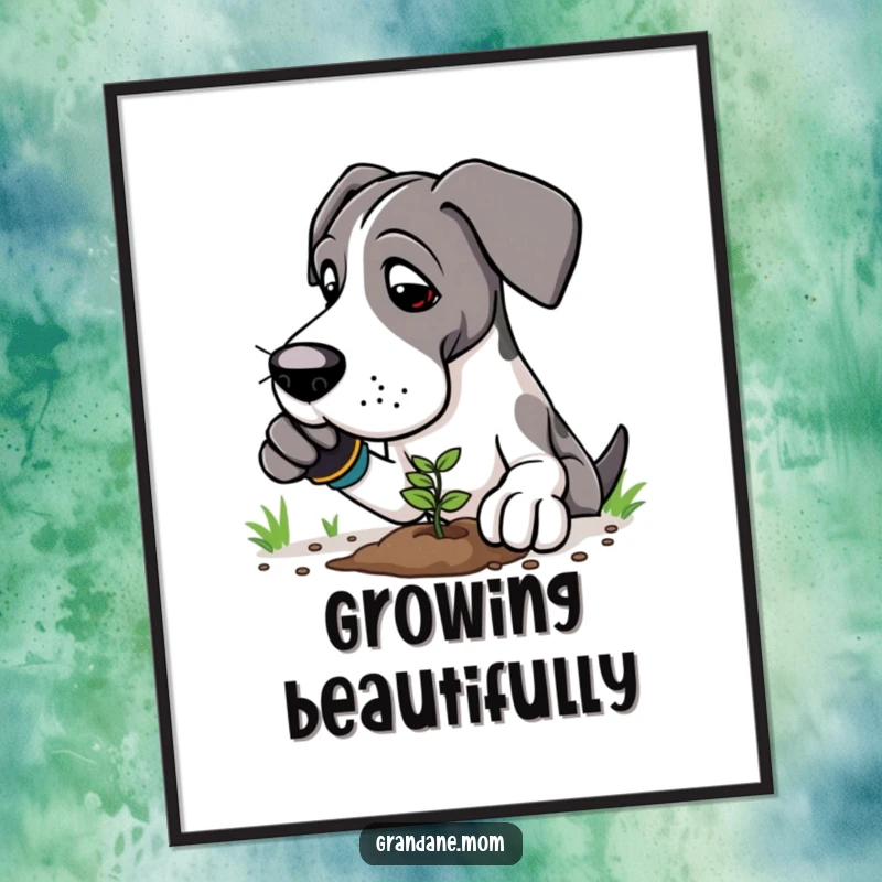 Funny Great Dane gardener digital art print of a large dog in gloves planting a tiny seedling with care.