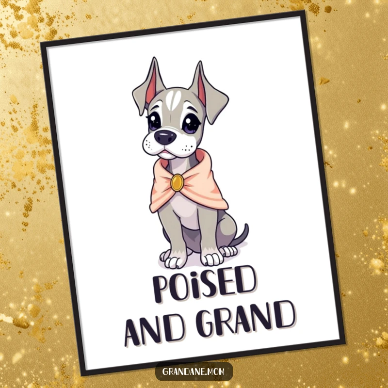 Funny Grand Dane wearing a tiny, elegant shawl, looking poised, sophisticated digital art, humorous and classy, funny gift.