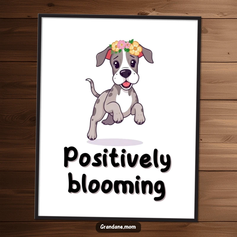 Funny Great Dane flower headband digital art print of a large dog prancing playfully with a beautiful floral accessory.