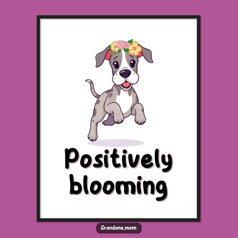 Funny Great Dane Flower Headband Digital Art Print: A Prancing Pup's Charm, Unique Funny Gift
