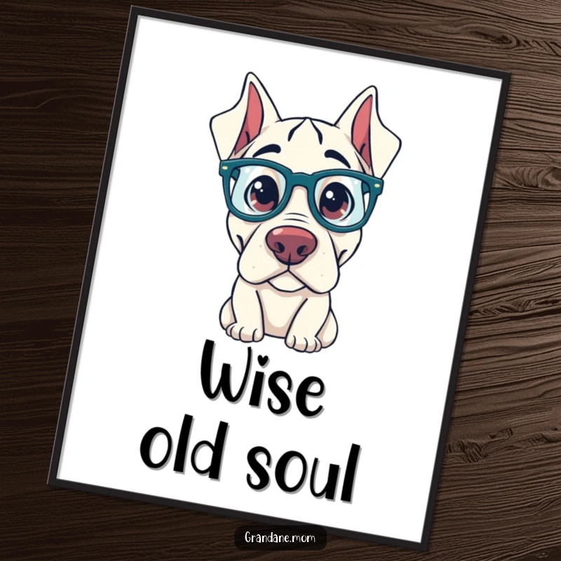 Funny Grand Dane Digital Art Print: A Grand Dane wearing oversized glasses peers curiously, captured in a humorous and intelligent digital illustration.