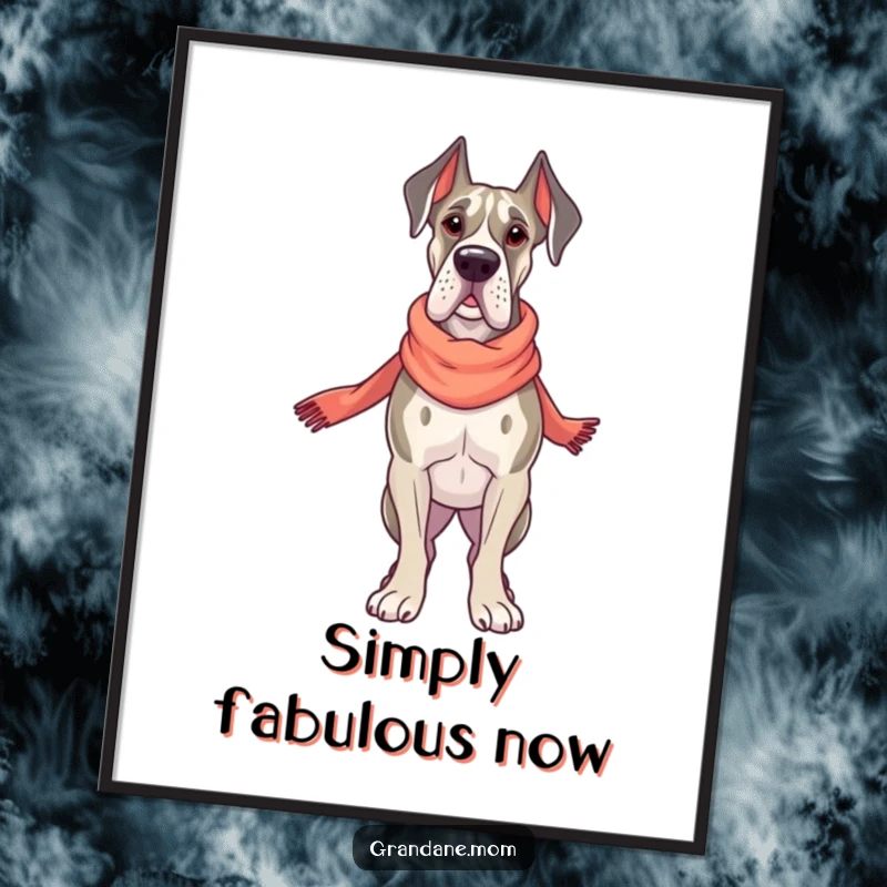 Funny Grand Dane Style Art Print, a proud dog wearing an elegant scarf, exuding sophistication, a humorous digital art gift.