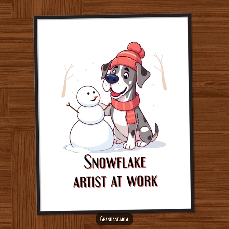 Funny Great Dane Digital Art: Image of a dog in a hat building a snowman, for humorous winter wall art.