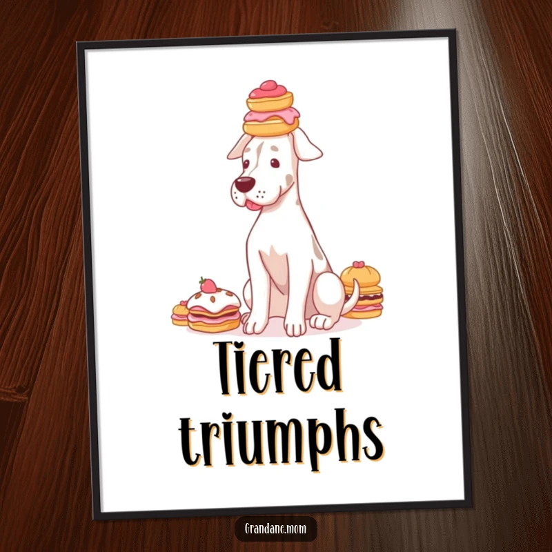 Funny Grand Dane digital art print of a graceful dog balancing a stack of delicate pastries on its head.