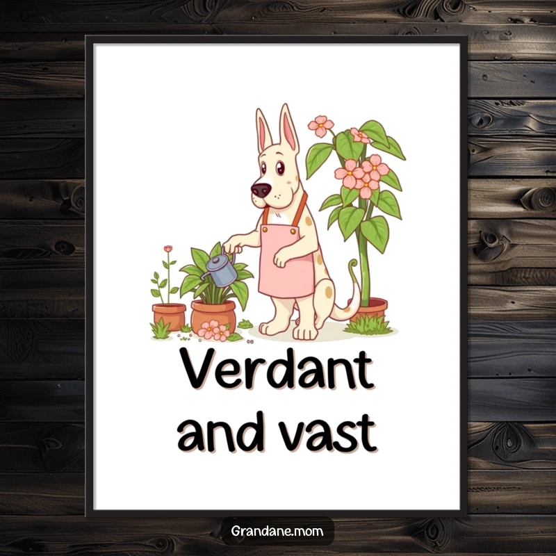 Funny Grand Dane Gardener Digital Art Print of a Grand Dane dog in a gardening apron, tending to a giant plant.