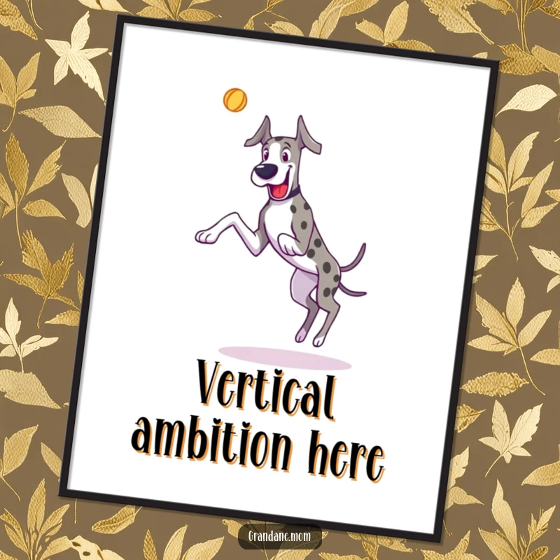 Funny Great Dane digital art print of a dog joyfully leaping for a toy, ideal for energetic decor.