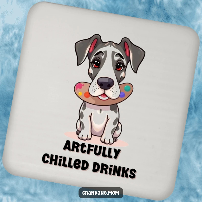 Funny Great Dane artist coasters, a set of drink coasters featuring a dog with a palette, perfect for humorous gifts.
