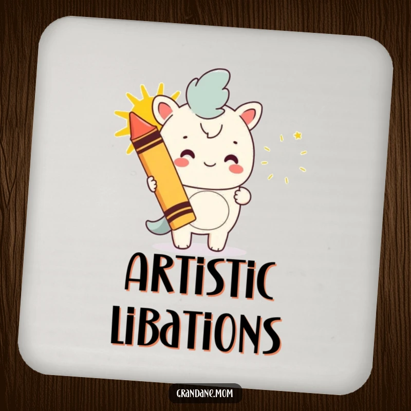 Funny daniff coaster, a dog holding a giant crayon drawing a happy sun, adding artistic charm and surface protection with humor.