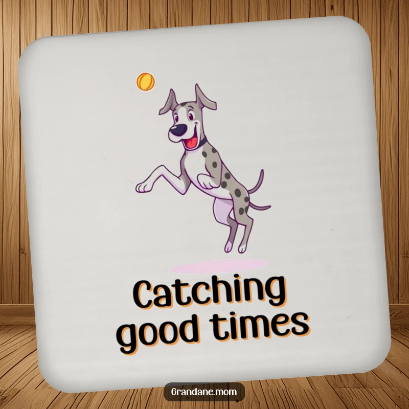 Funny Great Dane drink coasters featuring a dog joyfully leaping to catch a toy, protecting surfaces.