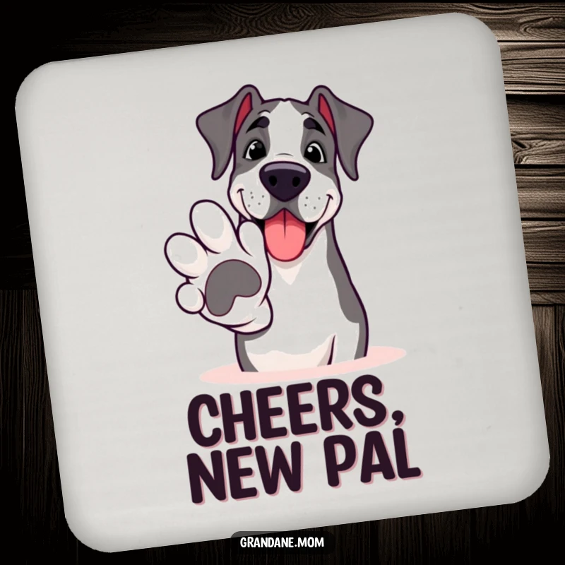Funny Grand Dane coaster, a smiling large dog extending a huge paw for a friendly hello, adding charm to tabletops.