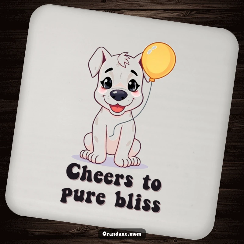 Funny Grand Dane Smile Coasters, a happy dog holding a bright balloon, protecting surfaces, a humorous and practical gift.