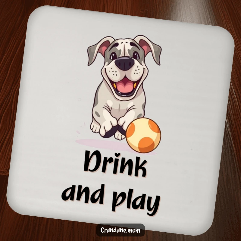 Funny Grand Dane Coaster: A Grand Dane with a playful grin chases a bouncing ball, adding energetic and humorous protection to your surfaces.