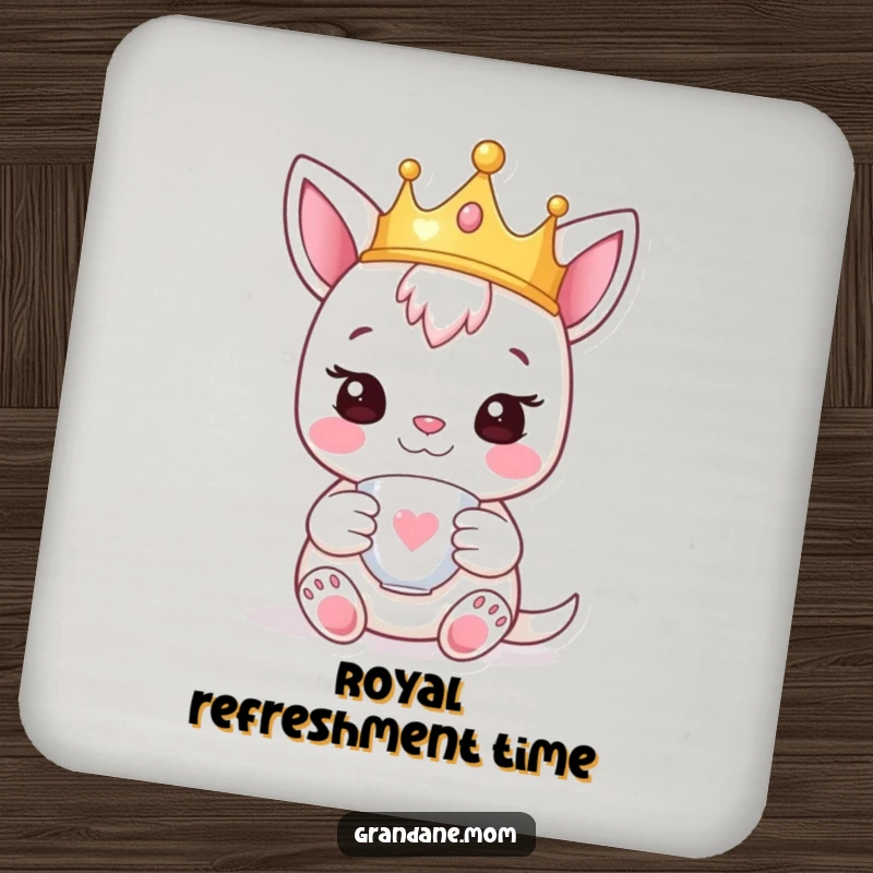 Funny daniff coaster with a happy pup wearing a tiny crown and holding a teacup, adding a touch of royal elegance.