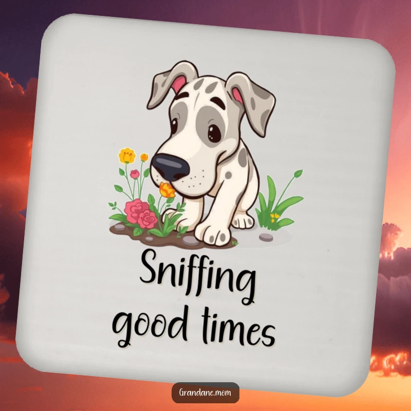Funny Grand Dane coaster featuring a large dog curiously sniffing a garden patch, protecting furniture with explorer charm.