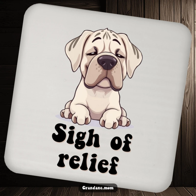 Funny Grand Dane drink coasters featuring a contented sighing dog illustration, protecting surfaces with humor.