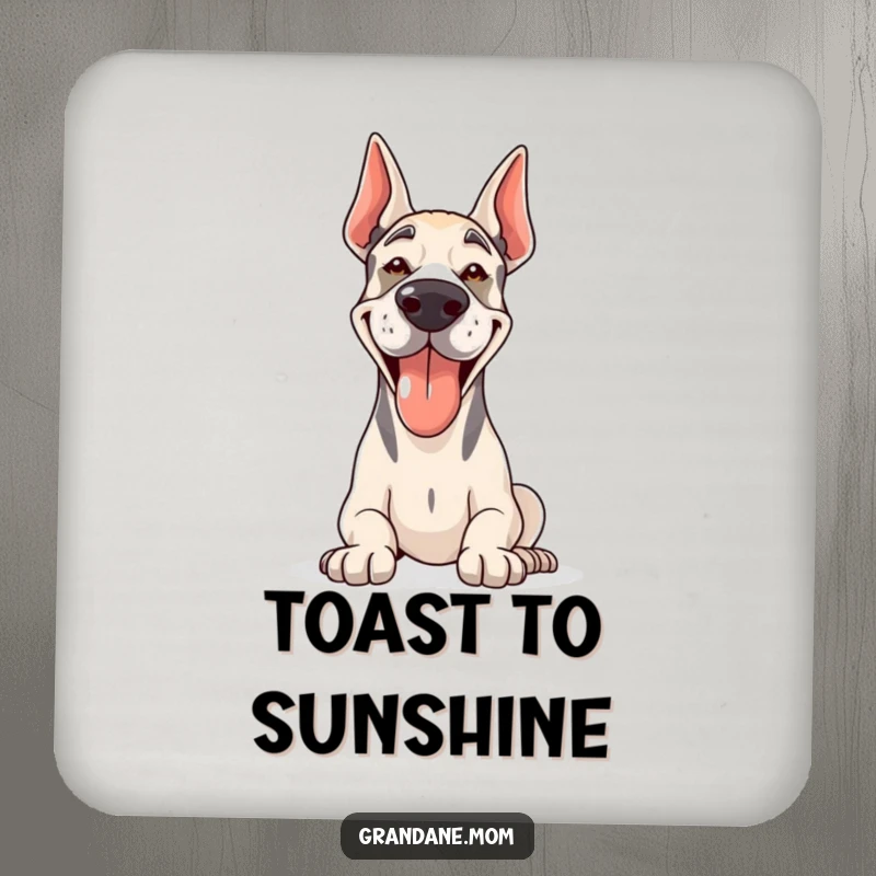 Funny Grand Dane drink coasters featuring a happy, panting dog in the sun, protecting surfaces with cheer.